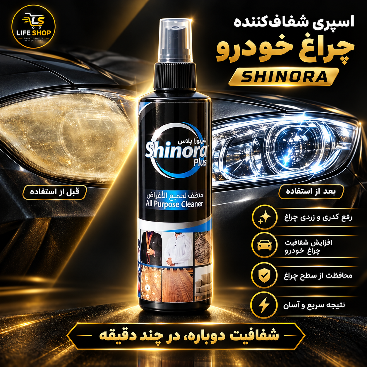 اسپری شفاف‌کننده چراغ خودرو Shinora